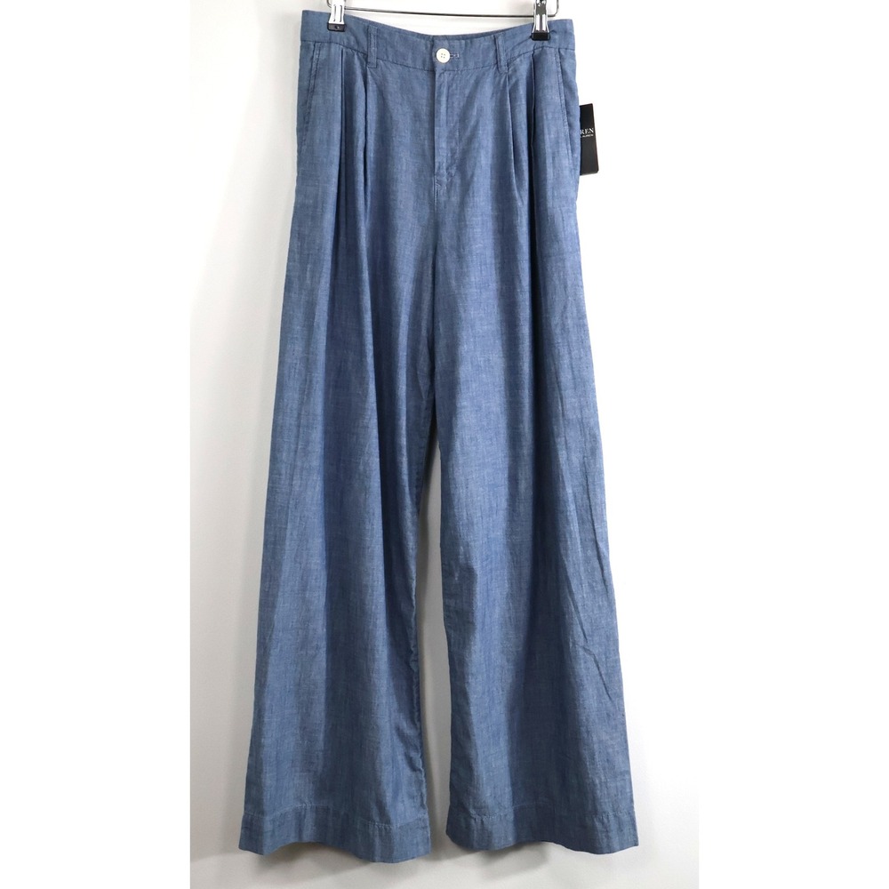 Lauren Ralph Lauren Blue Chambray Wide Leg Pleated Trousers Pants Size 2 NWT